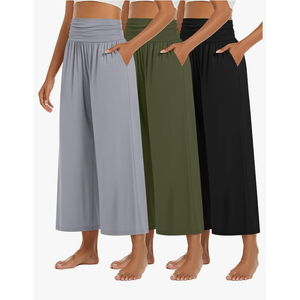 Huukeay 3 Pack Wide Leg Cropped Pants for Women, High Waist Lounge Yoga Pants Loose Casual Palazzo Capri Trouser with Pockets, Size -L