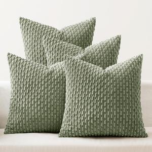 MIULEE Throw Pillow Covers Soft Couch Decorative Set of 4 Boho Striped Cushion Covers Corduroy Pillowcases Farmhouse Home Decor for Couch Bed Sofa Living Room 18x18 Inch Sage Green