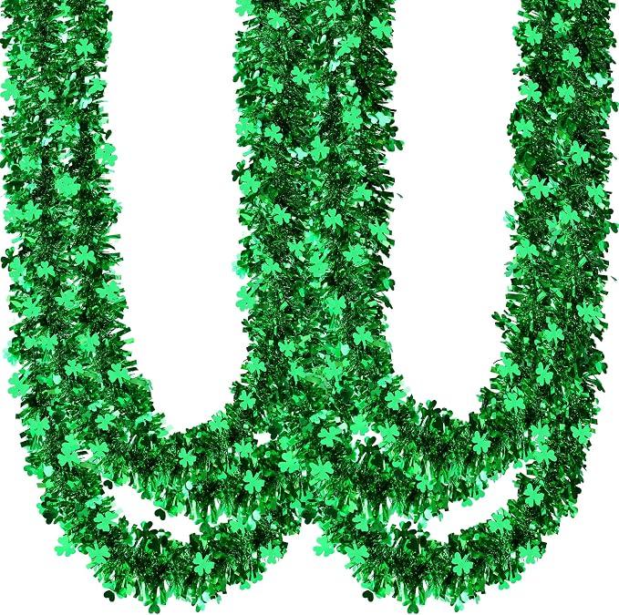 Sggvecsy St.Patrick's Day Tinsel Garland Shamrock Clover Green Metallic Tinsel Garland for St. Patrick's Day Irish Party Festival Indoor Outdoor Decoration (Green)