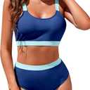 Womens High Waisted Bikini Sets Sporty Crop Top Color Block Swimwear Bandeau Scoop Neck Vintage Two Piece Bathing Suits (Blue, M)
