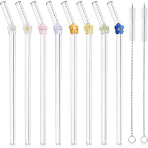 DUMING-IN 8 Pack Reusable Glass Straws with 2 Cleaning Brushes, Cute Colorful Flower Glass Straws Shatter Resistant, Reusable Straws Dishwasher Safe for Smoothies, Milkshakes, Juices, Teas, 7.9''×8MM