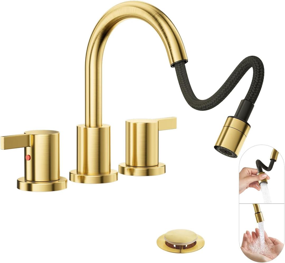 Phiestina Pull Down Sprayer Brushed Gold 8 Inch Bathroom Sink Faucet, 2 Handles 3 Hole Widespread Pull Out Bathroom Faucetwith Pop Up Drain and Water Supply Line,BF04022-K01-BG