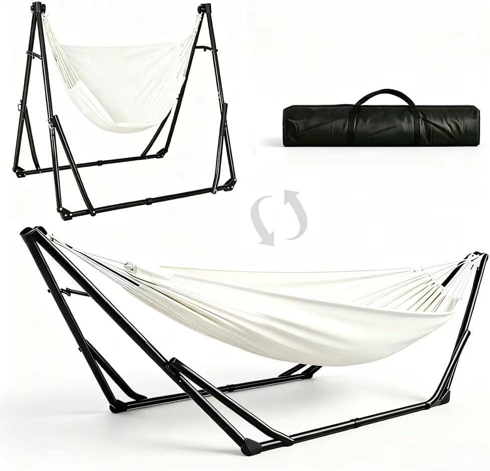 2-in-1 Hammock Kids Chair, Foldable Steel Stand Indoor Outdoor Swing Bag | Convertible swing hammock chair, rustproof frame, no-tool setup, holds 220 lbs, carry bag for playroom, yard, camping indoor