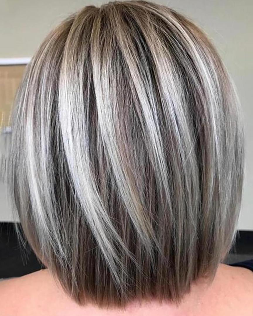 RENERSHOW Medium Length Bob Wig with Bangs for White Women Layered Blonde Balayage Bob Straight Hair Wig Natural Synthetic Hair Replacement Wig Ombre Platinum with Brown Wig