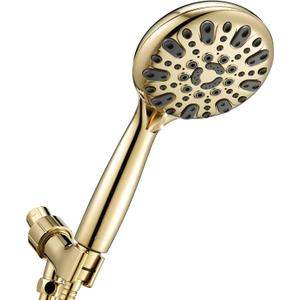 Handheld Shower Head, 6 Spray Setting High Pressure Shower Head with Brass Swivel Ball Bracket and Extra Long Stainless Steel Hose, Polished Brass, 5"