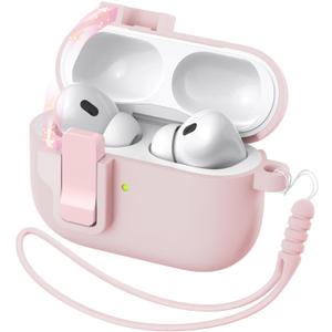 for AirPods Pro 2nd Generation Case Cover, Liquid Silicone Rubber Auto Pop-Up Military Grade Anti-Fall Soft Silicone for AirPods Pro with Keychain & Cleaning Kit, Front LED Visible, Lady Pink