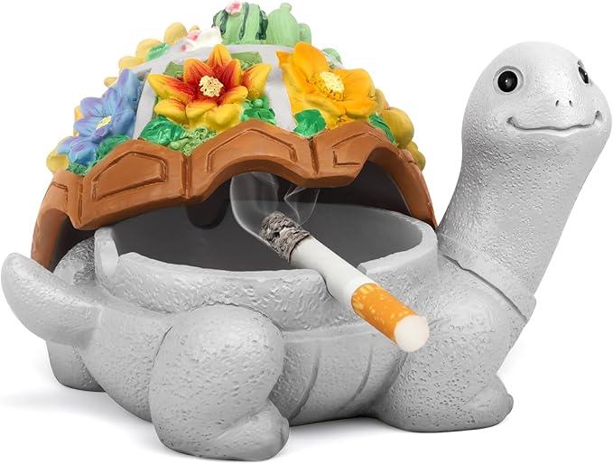 LESES Ashtray, Outdoor Ashtray with Lid Smokeless Waterproof Ash Tray with Cute Turtle Decor, Resin Ashtrays for Cigarettes Home Office, Porch Patio Decorations Indoor