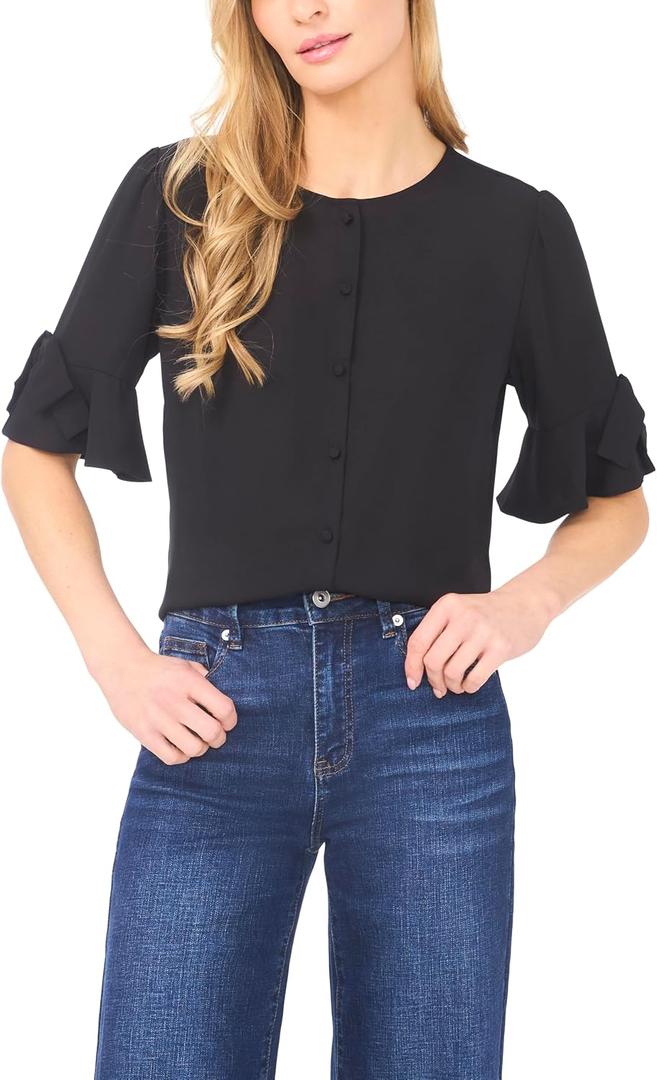 CeCe Women's Flounce Elbow Bow Sleeve Button Down Top,Large