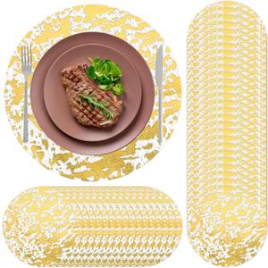 150Pcs Gold Round Placemats, 13 Inch Disposable Metallic Golds Foil Mesh Charger Place Mats Tablecloths Table Runner Gold Doilies for Dining Table Decor Party Wedding Holiday