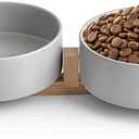 Grey Ceramic Dog & Cat Bowl Set  13.5 OZ with Wooden Stand, Non-Slip, Elevated Design for Small Dogs & Cats  2 Bowls (Food & Water, Ceramic Pet Bowls, Modern Dog Bowls)