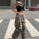 ZAFUL Women's Camo Cargo Pants Y2K Elastic High Waisted Wide Leg Casual Straight Pants Joggers Sweatpants with Patch Detail (S)