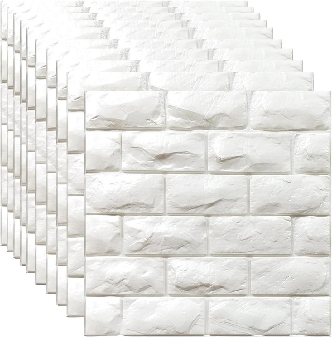 3D Wall Panels Peel and Stick 20PCS White Foam Brick Wallpaper for Bedroom Faux Stone Wall Panel Self-Adhesive Wallpaper (White 20PCS) (20PCS-19.37 Sq Ft)