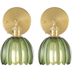 Vintage Wall Sconces Set of 2 with Green Tulip Glass Lampshade 180 Degree Adjustable Brass Sconces Hradwired Modern Wall Lighting Fixture with Switch for Bedside Bedroom Doorway (Hardwired (2 pack), Tulip Green)