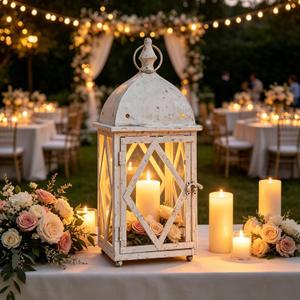 17"  Vintage Distressed White Metal Lantern, Glass Paneled Hanging Candle Lantern, Rustic Farmhouse Decor for Indoor & Outdoor Patio, Garden, Wedding & Entryway Display