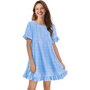 YESNO Summer Dresses for Women 2025 Floral Boho Ruffle Short Sleeve Sundresses Casual Shift Dress ESA (Blue, L)