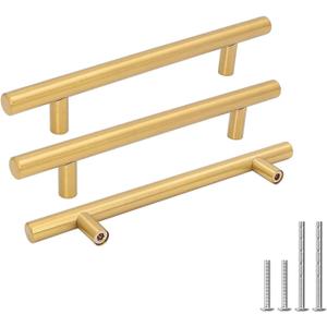 goldenwarm Kitchen Cabinet Pulls Brushed Brass Drawer Pulls Gold 5in Cabinet Handles Modern Hardware for Kitchen Cupboard Bedroom Drawer Bathroom Furniture Door, 10Pack (5in Hole Centers)