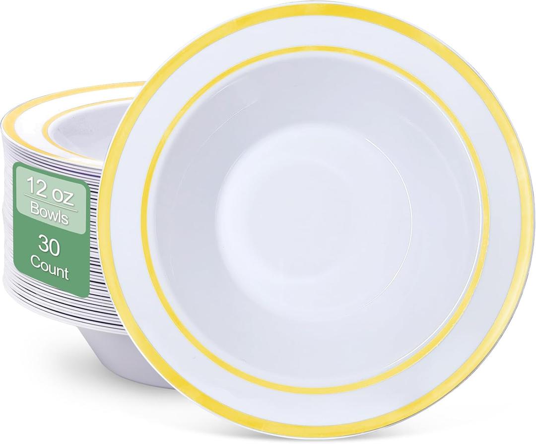 30 PCS Plastic Bowls with Gold Rim,12oz Disposable Soup Bowls,Premium Heavy Duty Plastic Dessert Salad Bowls for Home Wedding Dinner Party Halloween