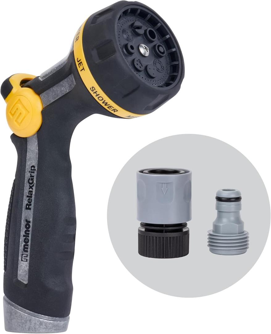 Melnor 65188AMZ RelaxGrip Metal Nozzle, MultiPattern, Arthritis Foundation Ease of Use Certified, Quick Connect Bundle, Black, Yellow