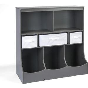 Badger Basket Combo Toy Storage Organizer and Bookshelf - Kids Storage Unit with 3 Removable Baskets, Open Shelves, Top Display Surface - Charcoal