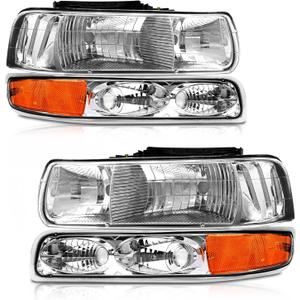 Headlights Assembly for 1999-2002 Chevy Silverado 1500 2500/2001 2002 Chevrolet Silverado 1500HD 2500HD 3500/2000-2006 Tahoe Suburban 1500 2500 Chrome Housing with Bumper Light LH+RH