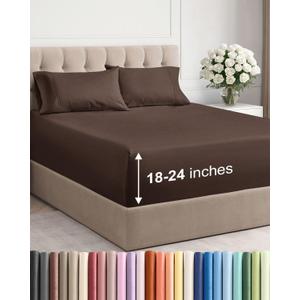 Extra Deep Queen Sheet Set - 4 Piece Breathable & Cooling Bed Sheets - Easily Fits 18 to 24 inch Mattress - Ultra Soft, Wrinkle & Fade Free w/ Extra Deep Pockets - Comfy Hotel Luxury Bedding - Brown