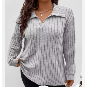 Plus Size Women's Rib- Lapel Long Sleeve Top - Solid Color Casual Pullover T Shirt L