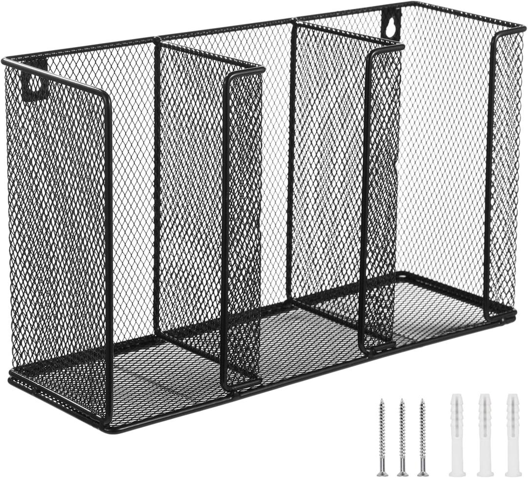 Cup Dispenser,Wall Mount Coffee Cup Lid Holder, Metal Mesh Disposable Cup Lid Dispenser, 3-Compartment Coffee Cup Lids Organizer for Restaurant 13 x 7.9 x 4.5 in, Portion Sauce Cup Lid Organizer