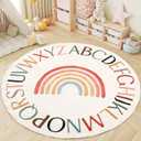 Round Kids Alphabet Rug, 59 inch Rainbow Classroom Rug, White, 4'11"