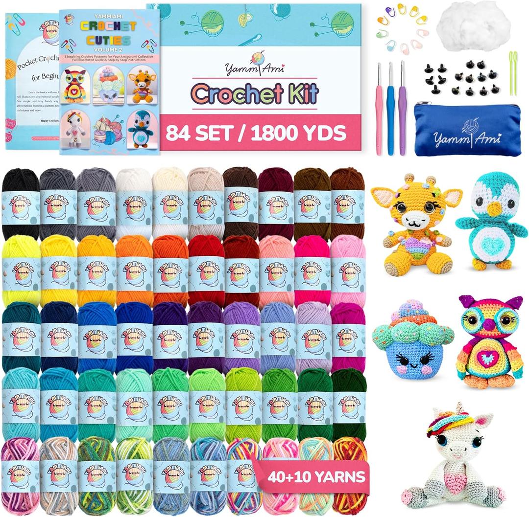 YammiAmi 1,800 Yards Beginner Crochet Kit for Kids & Adults  84 Pc Amigurumi Crochet Kit for Starters with 50 Skeins Yarn, Accessories Set, Ergonomic Hooks, Instruction Book to Learn Crocheting
