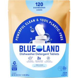 BLUELAND 100% Plastic-Free Dishwasher Detergent Tablets, 120 Count, Free & Clear, Eco-Friendly Dishwashing Pods, Natural, USDA Certified biobased