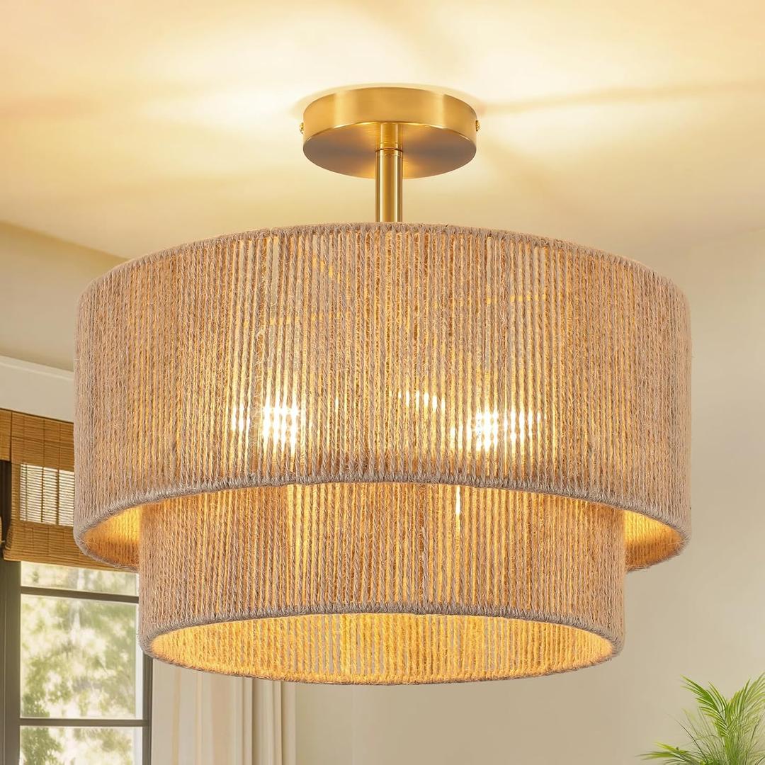 3-Light Boho Light Fixtures Ceiling Mount, 15.4" Rattan Semi Flush Ceiling Light with 2-Tier Shade, Rustic Hemp Rope Drum Light for Hallway Kitchen Entryway Farmhouse Bedroom