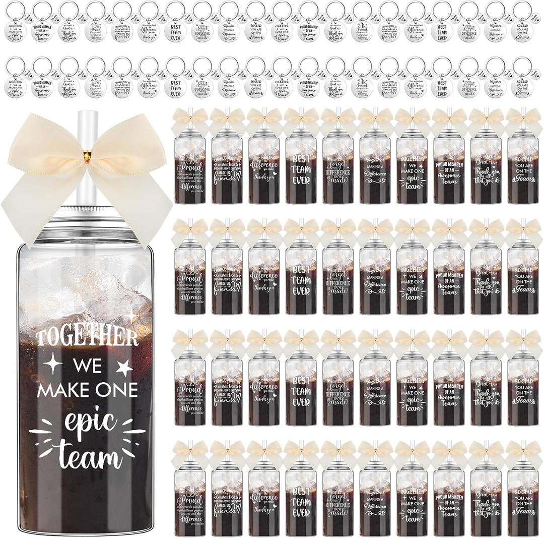 Skylety 40 Set Employee Appreciation Team Gifts Bulk with Cream Bow 40 13.5 oz Skinny Make A Great Team Plastic Cup with Lid Straw 40 Inspirational Keychain Birthday Gift for Men Women Coworker (Beige)