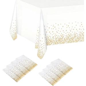 8 Pack White and Gold Polka Dot Disposable Plastic Tablecloths 54x108 Inch Rectangle for 6 Foot Tables, Waterproof Party Table Covers for Wedding Birthday