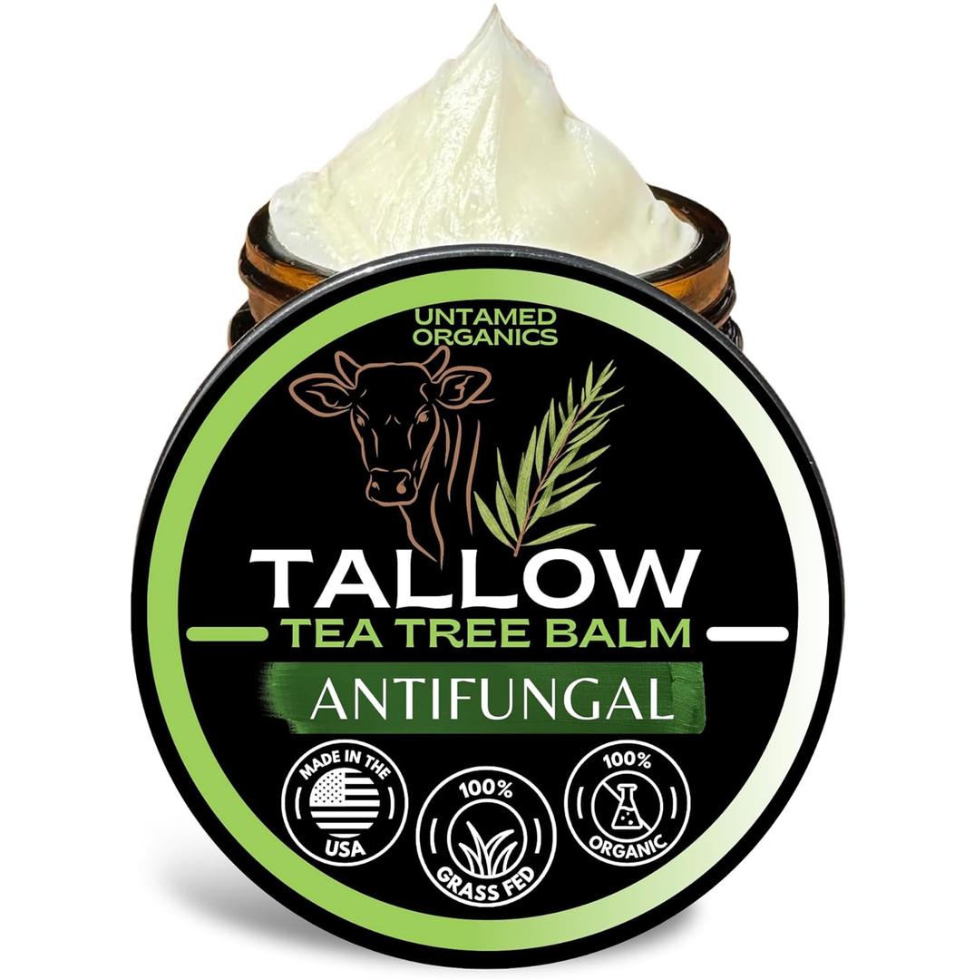 Untamed Organics Tallow Antifungal Balm | Organic Tea Tree Oil Balm with Grass-Fed Tallow | Non-Toxic Itchy Skin Relief Balm | All Natural Remedy for Athletes Foot, Jock Itch, Ringworm | 2 FL. oz.