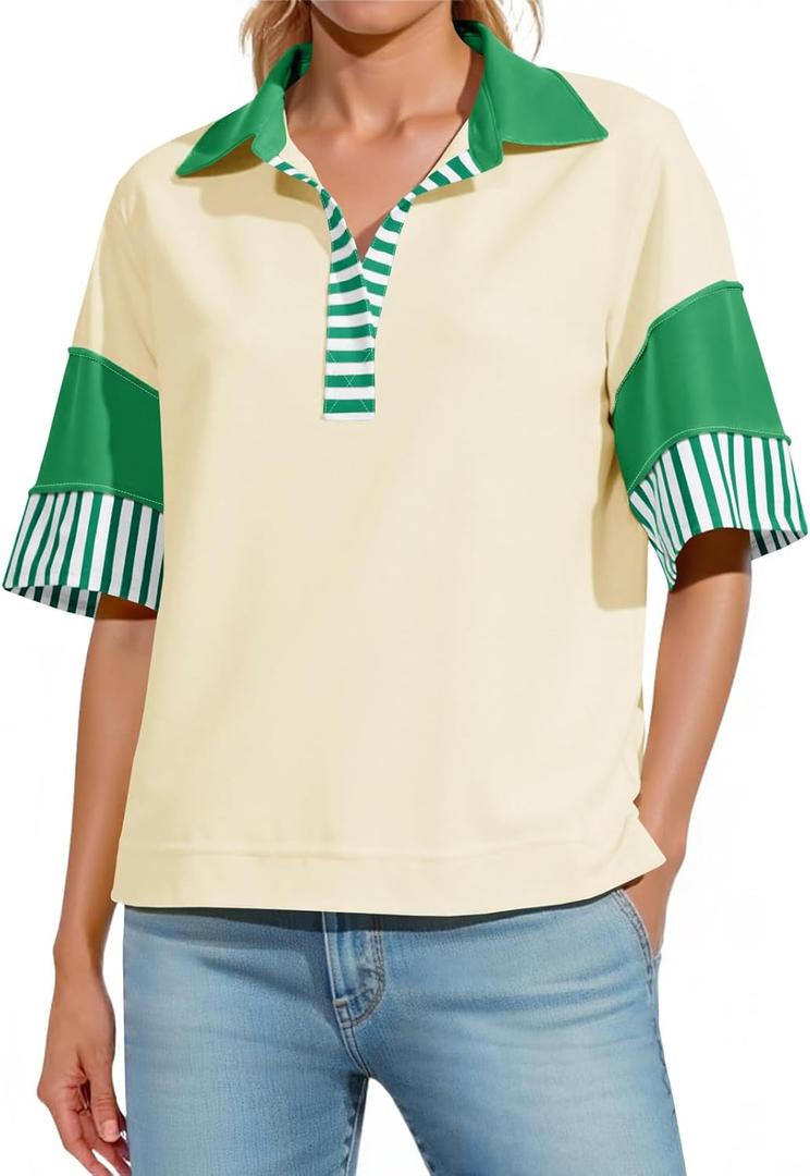 Fisoew Womens Color Block Sweatshirts Casual Short Sleeve Collared V Neck Slit Loose Summer T Shirts (Yellow)