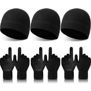 SATINIOR 6 PCS Winter Warm Beanie Hat Fleece Cap and Touchscreen Thermal Anti-Slip Gloves (Black)