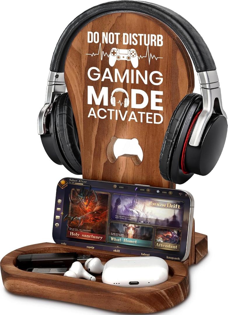 Valentines Day Gamer Gifts for Teenage Boys Men, Gaming Headphone Stand for Men, Gaming Room Decor Wooden Headset Holder, Son Boyfriend Husband Game Lover Gifts -Don't Disturb Gaming Mode Activated