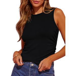 Dokotoo Womens Tank Tops Summer Sleeveless High Neck Ribbed Knit Slim Fitted Blouse Side Ruched Basic Tees Shirts (Small, Black)
