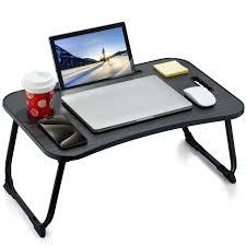 Laptop Bed Desk, Foldable Lap Table, Portable Study Table, Laptop Stand with Cup Holder & Tablet Slot & Lifting Handle for Working Writing Drawing & Eating - Black