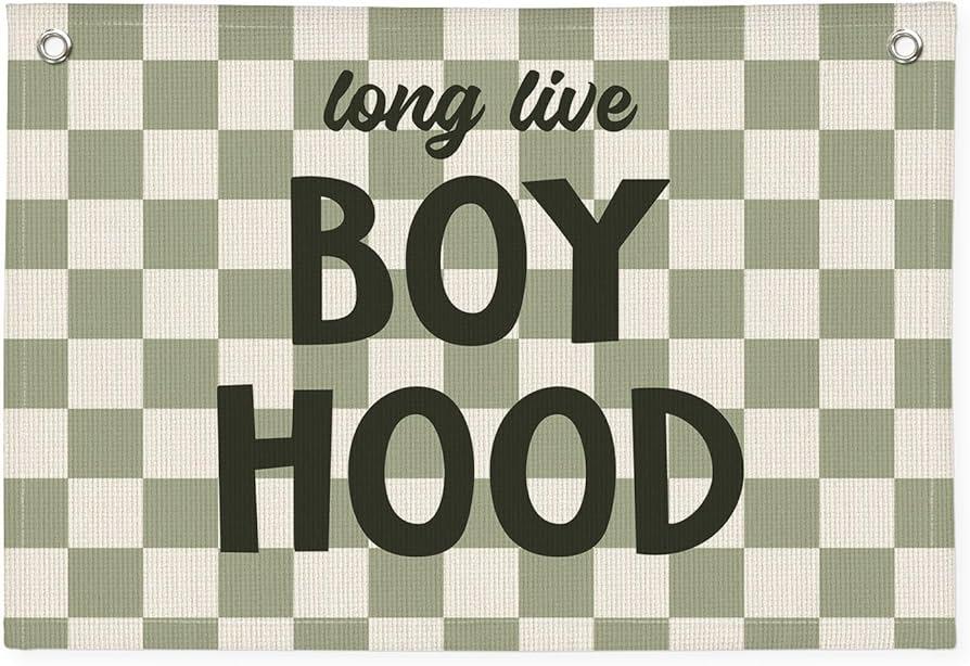 Green Long Live Boyhood Wall Hanging, Vintage Art Linen Tapestry, Banner Flag for Nursery Playroom Classroom Bedroom Decorations, Living Room Backdrop, Kids Trendy Room Décor-019