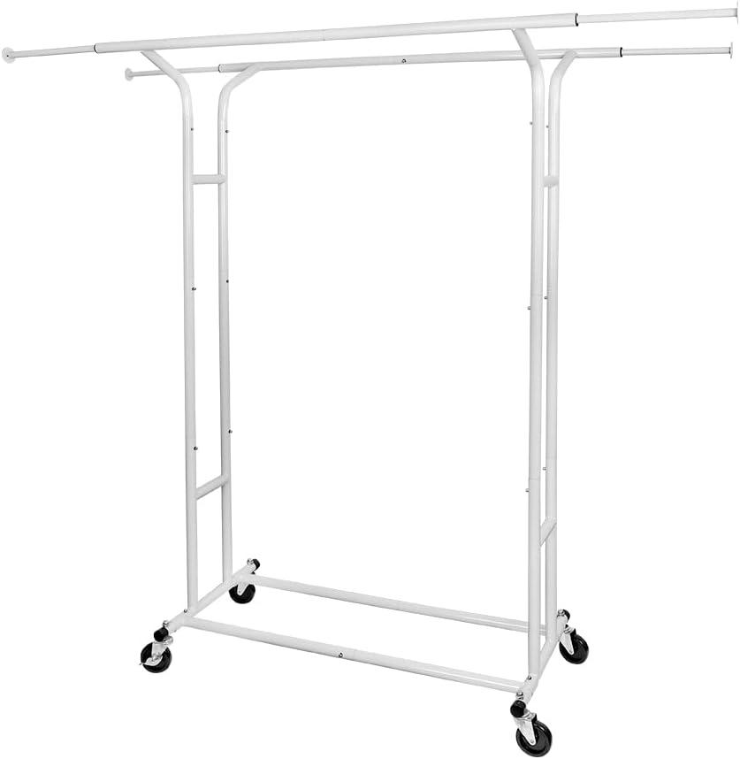 Fishat White Double Rod Garment Clothes Rack for Hanging Clothes, Rolling Organizer on Commercial Metal with Lockable Wheels Mobile Design for Coats Dresses