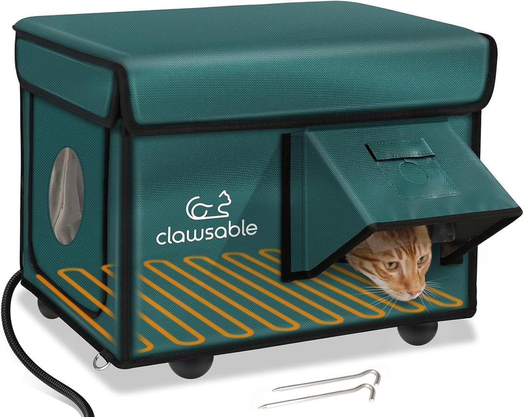 Indestructible Heated Cat House for Outside Cats Winter, 100% Weatherproof, Safe Escape Door, Insulated Outdoor Cat Shelter with Heater for Feral Barn Cat Kitty (Forest Green, 12.6"x16.5"x12.6")