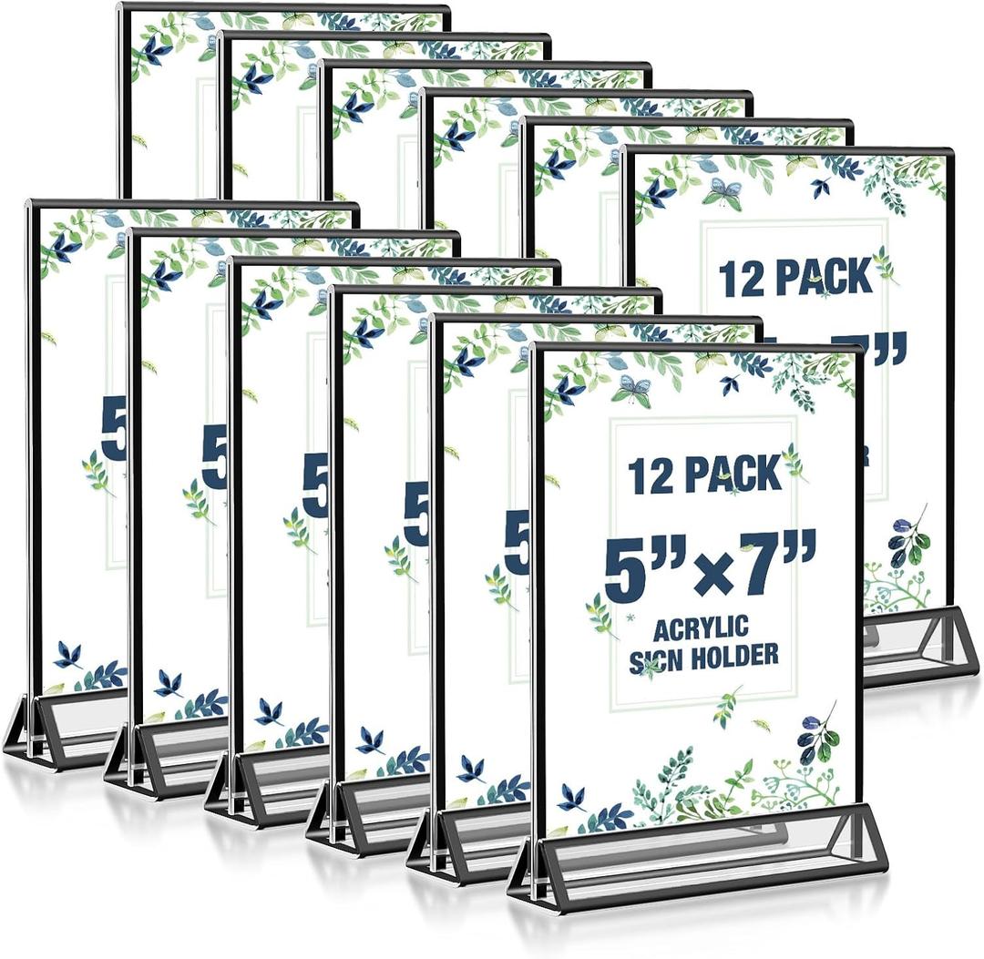 Acrylic Black Sign Holders 5x7, 12 Pack Wedding Black Table Number Holders, Double Sided Photo Display Picture Frame Paper Stand, Clear Flyer Stand Menu Holder for Wedding, Home, Party, Restaurant