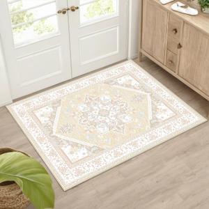 BESTSWEETIE 2x3 Area Rugs for Living Room Washable Non Slip Carpet Low Pile Soft Vintage Print Pattern Rug for Bedroom Dining Room Kitchen Entryway Indoor-Cream/Light Yellow/Brown/Blue/Red/Pink