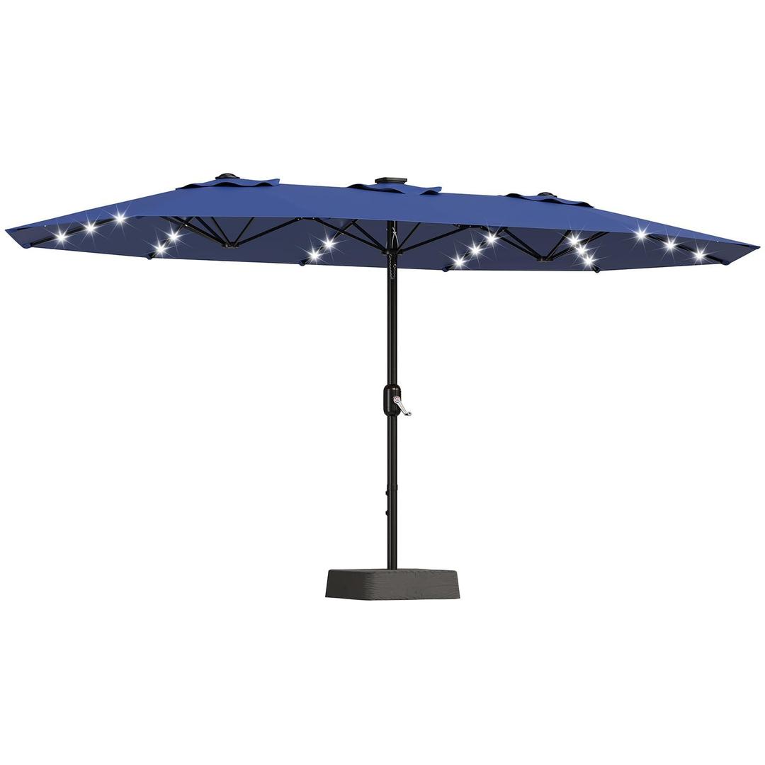 15FT Outdoor Patio Umbrella,Double-Sided Rectangle Market Umbrella with 36 LED Solar Lights & Base,UV50+ Weather-Resistant Oversized Outdoor Umbrella,Crank Lift,3-Way Shade for Pool,Garden,Backyard