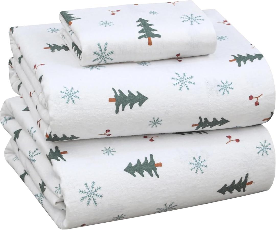 RUVANTI Flannel Sheets Twin Size - 100% Cotton Double Brushed Twin Sheets Set, Deep Pockets 16 Inches, All Seasons Breathable & Extra Soft Bed Sheets, Warm & Cozy, 3 Piece, Berry & Pine