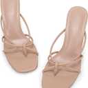 LAICIGO Womens Square Open Toe Flip Flops Stiletto Heels Strappy Thong Slide on Slingback Mules Sandals (7.5, Khaki)