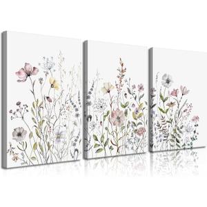 3 Pcs Colorful Wildflower Canvas Wall Art Watercolor Botanical Floral Wall Decor Pictures Minimalist Flower Prints for Living Room Bedroom Home Decoration (12x16in)