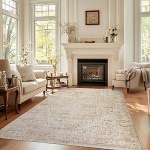 Boho Neutral Living Room Rug 5x7,Washable Vintage Rustic Earth Tone Modern Farmhouse Style Easy to Clean Stain Resistant Area Rugs for Bedroom Dining Room, Light Tan Brown and Beige