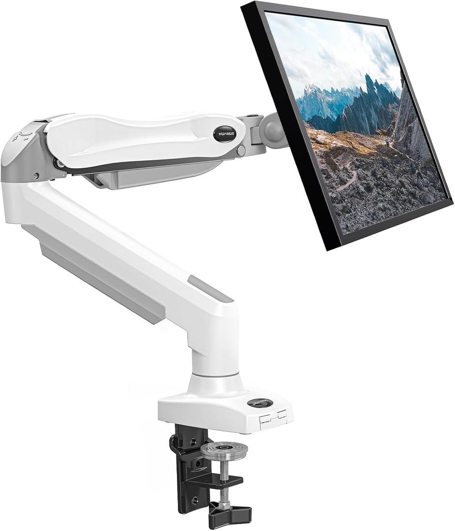HUANUO Single Monitor Mount, 13 to 32 Inch Gas Spring Monitor Arm, Adjustable Stand, Vesa Mount with Clamp and Grommet Base - Fits 4.4 to 19.8lbs LCD Computer Monitors (White)